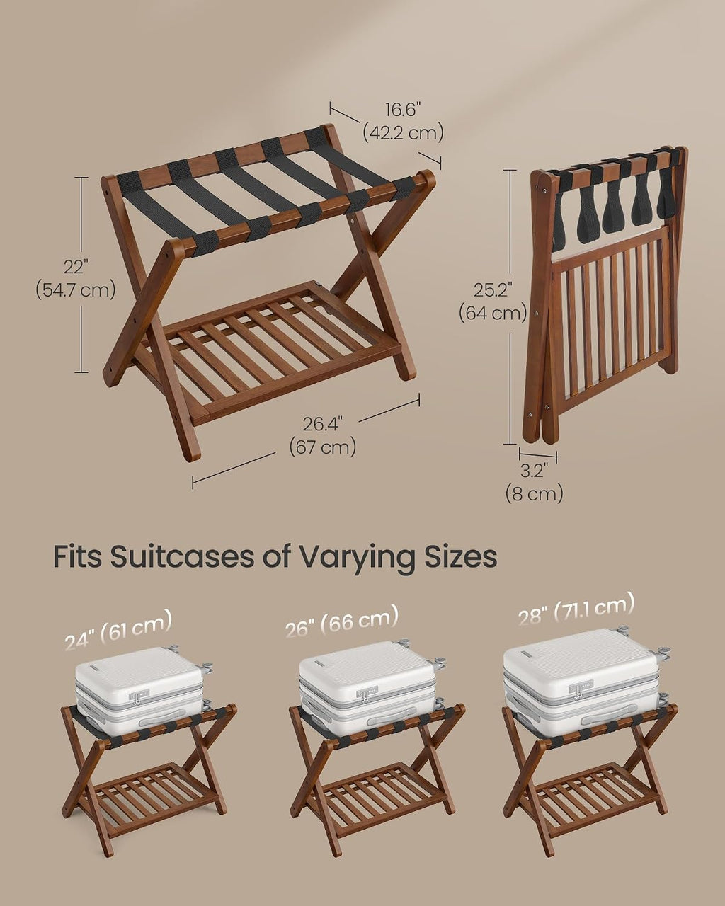 SONGMICS Solid Wood Luggage Rack, No Assembly Required, Foldable Suitcase Stand, Luggage Holder, with Storage Shelf, for Guest Room, Hotel, Bedroom, Coffee Brown URLR020K02