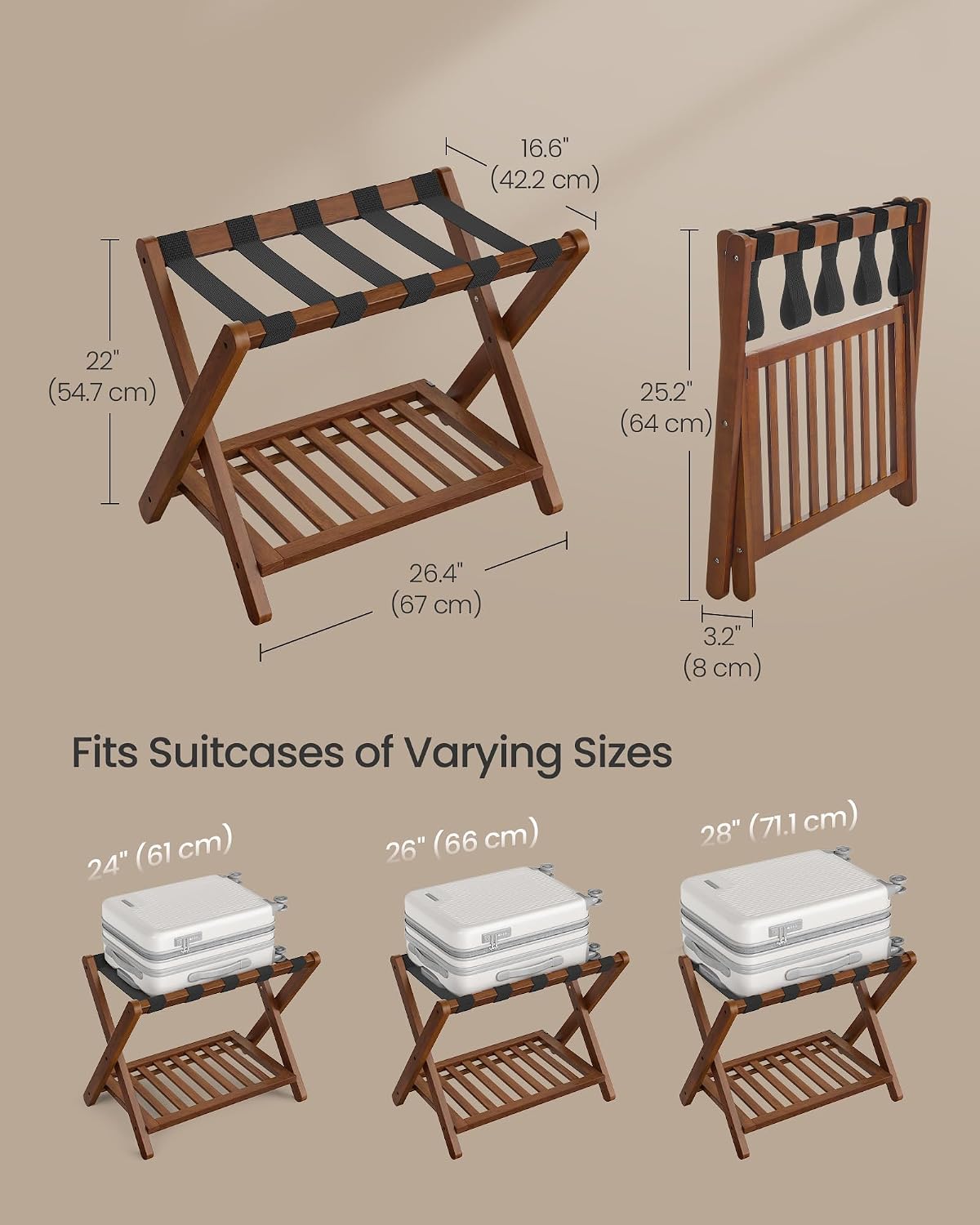 SONGMICS Solid Wood Luggage Rack, No Assembly Required, Foldable Suitcase Stand, Luggage Holder, with Storage Shelf, for Guest Room, Hotel, Bedroom, Coffee Brown URLR020K02