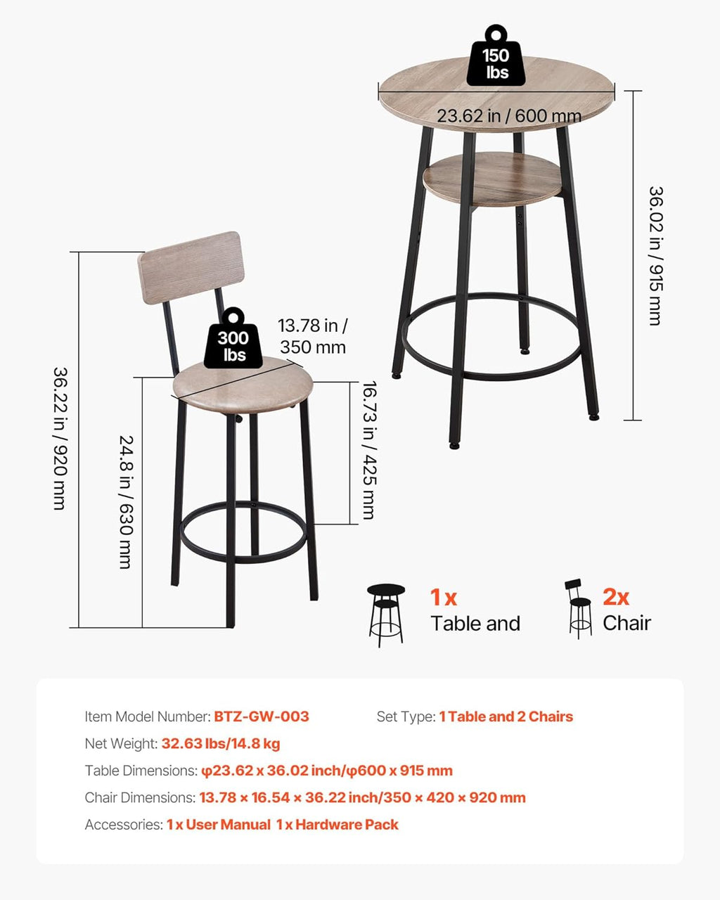 VEVOR Bar Table and Chairs Set, 3PCS 23.5″ Bars Tables Set with Rounded Corner Design, Round Pub Table with Two Stools for Office Desk, Breakfast Corner, Mini Bars, Light Gray, Black