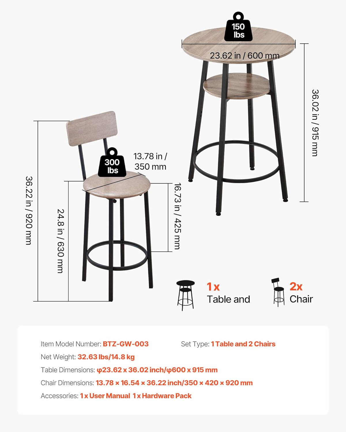 VEVOR Bar Table and Chairs Set, 3PCS 23.5″ Bars Tables Set with Rounded Corner Design, Round Pub Table with Two Stools for Office Desk, Breakfast Corner, Mini Bars, Light Gray, Black