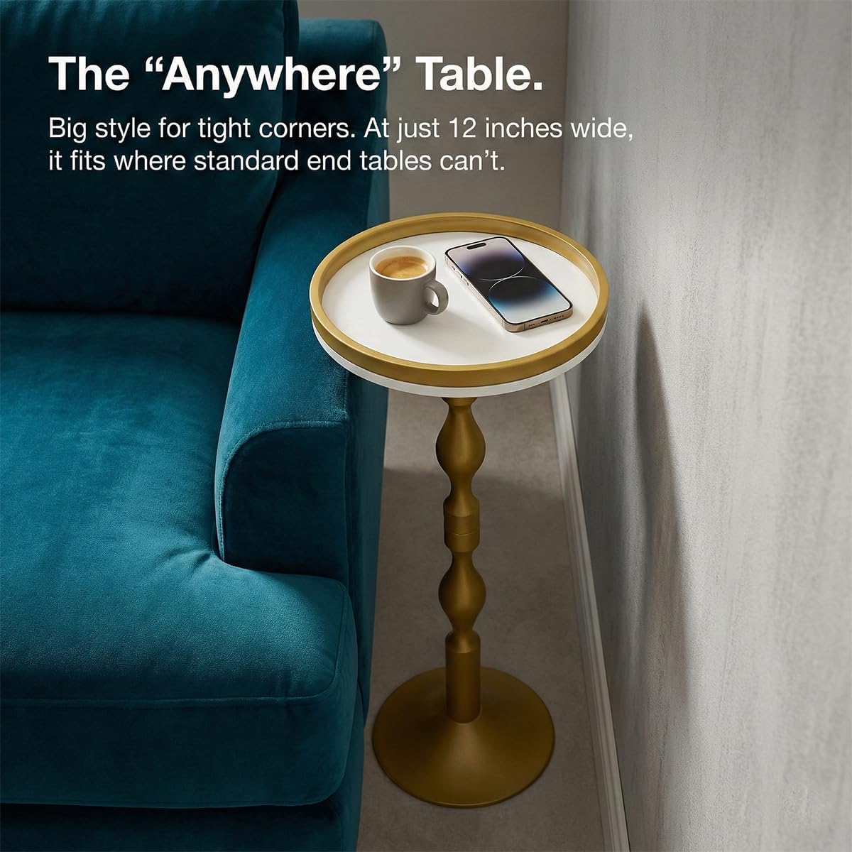 Small Round Gold Side Table,Drink Table with Weighted Base,Modern White & Gold Pedestal End Table with Tray Top Edge for Small Spaces, Living Room, Next to Sofa,27 "Tall