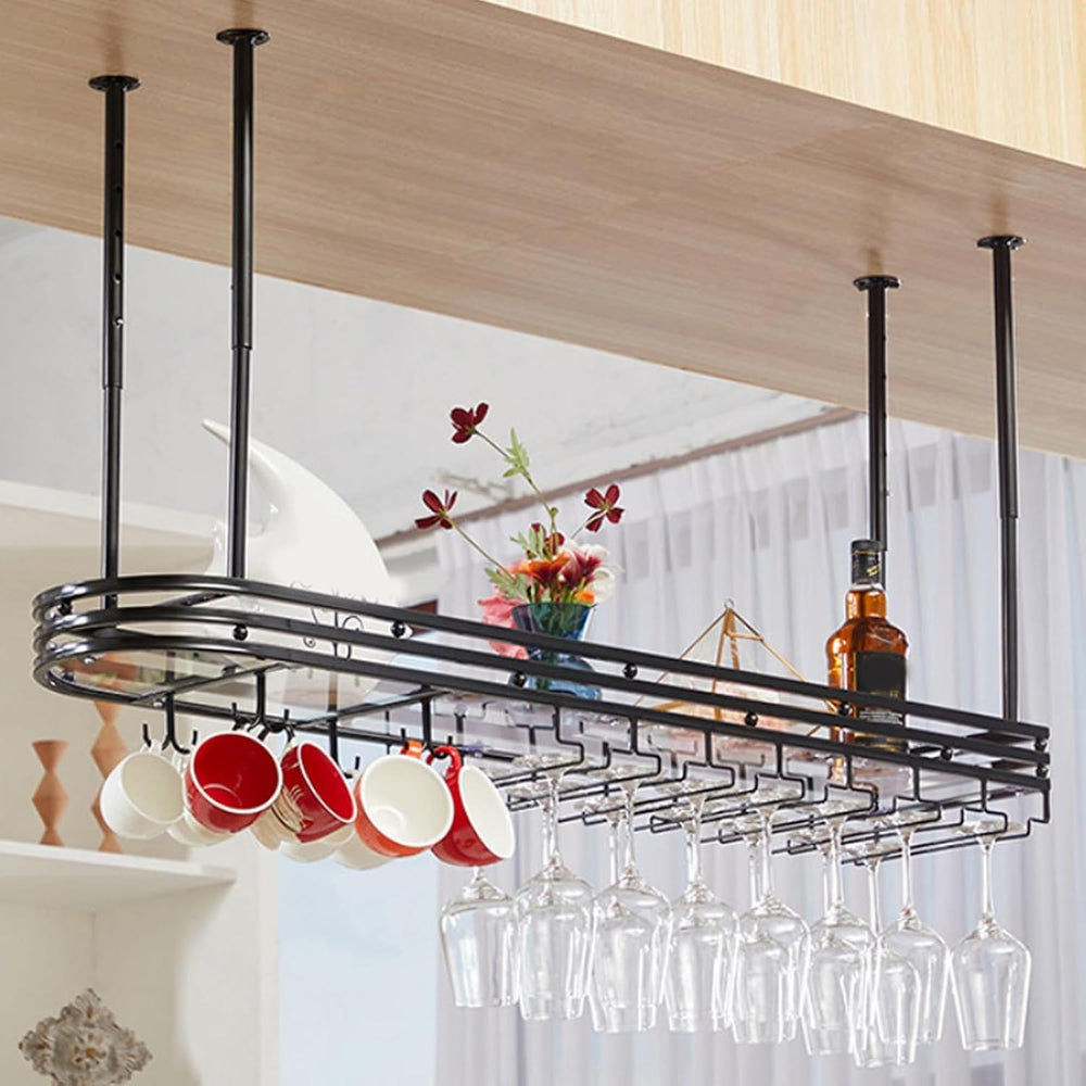 Adjustable Hanging Wine Rack, Metal Ceiling Shelf Cafe Cups, Retro Rustic for...