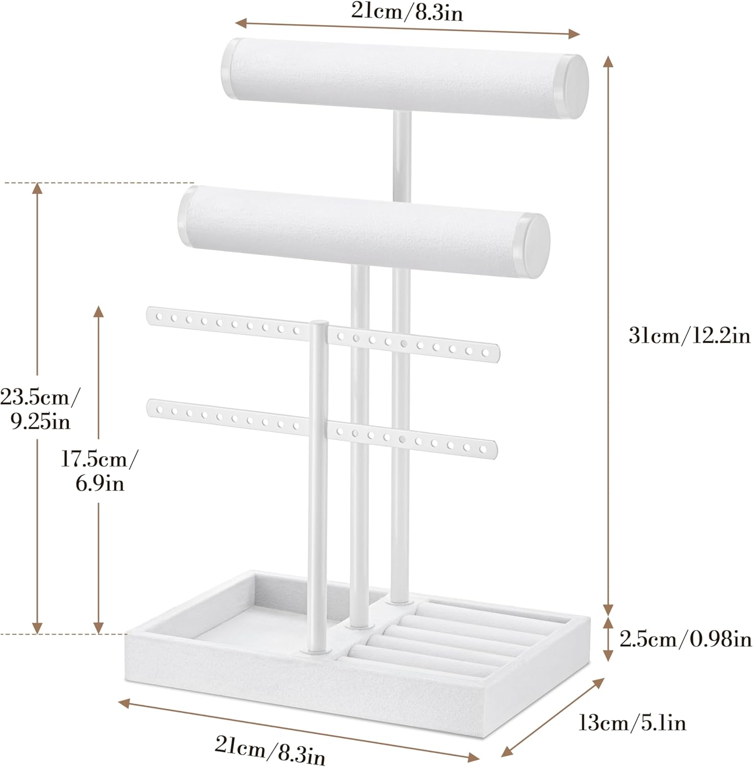3 Tier Bracelet Holder Display - Detachable T Bar Pure White Velvet Bracelet Holder, Jewelry Holder Organizer for Bracelet, Necklace, Earrings, Rings