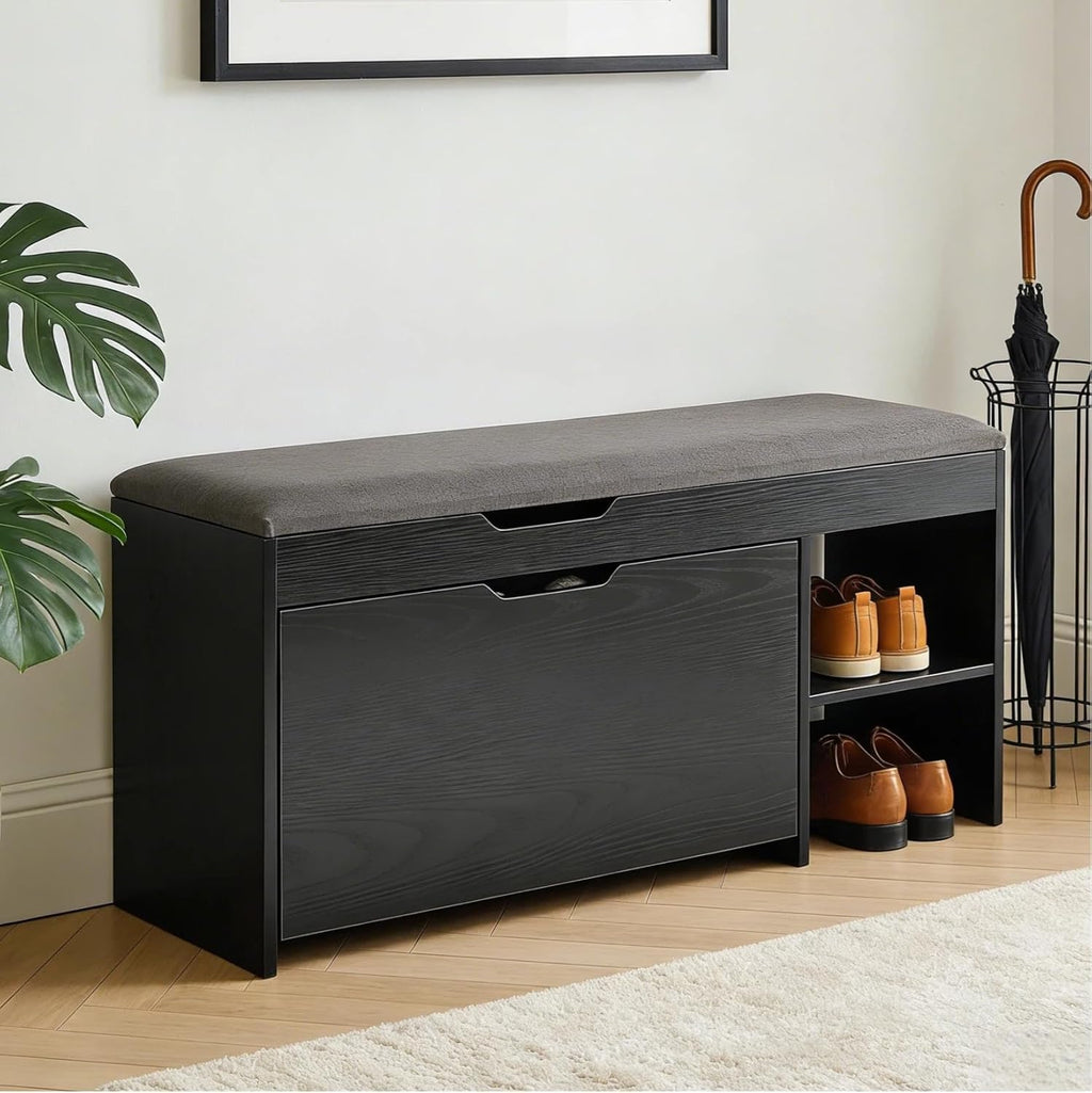Shoe Storage Bench with a Flip Drawer, Entryway Bench with Removable Cushion, Hallway & Mudroom Organizer with Seat, Front Door Shoe Rack Cabinet, Black