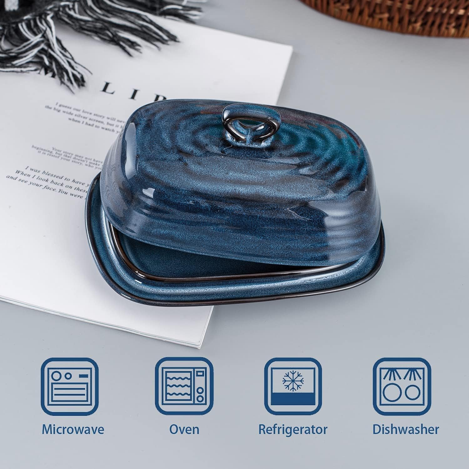Hasense Butter Dish with Lid, Porcelain Butter Container with Handle for Countertop, Large Butter Keeper & Holder with Cover for West East Coast Butter, Farmhouse Kitchen Decor for Gift, Blue