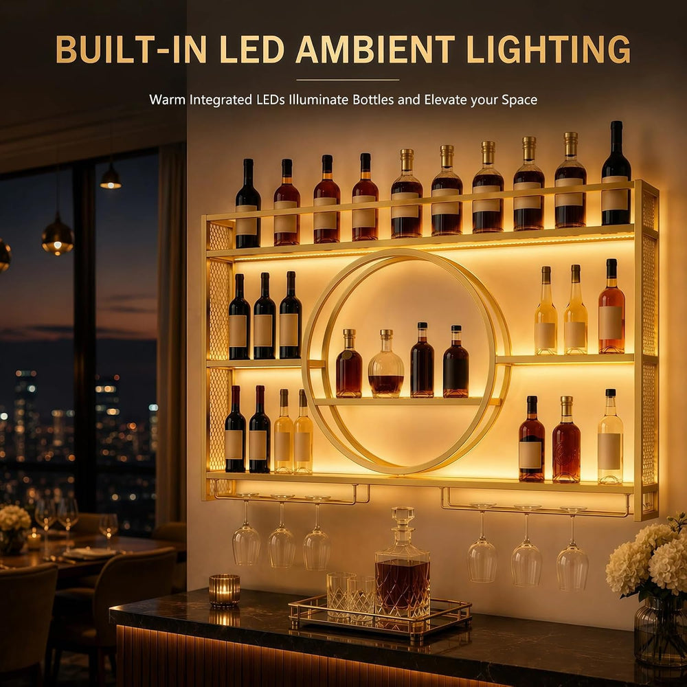 Wine Rack Wall Mounted with LED Lights - with Glass Holder, Gold | 3 Tier Met...