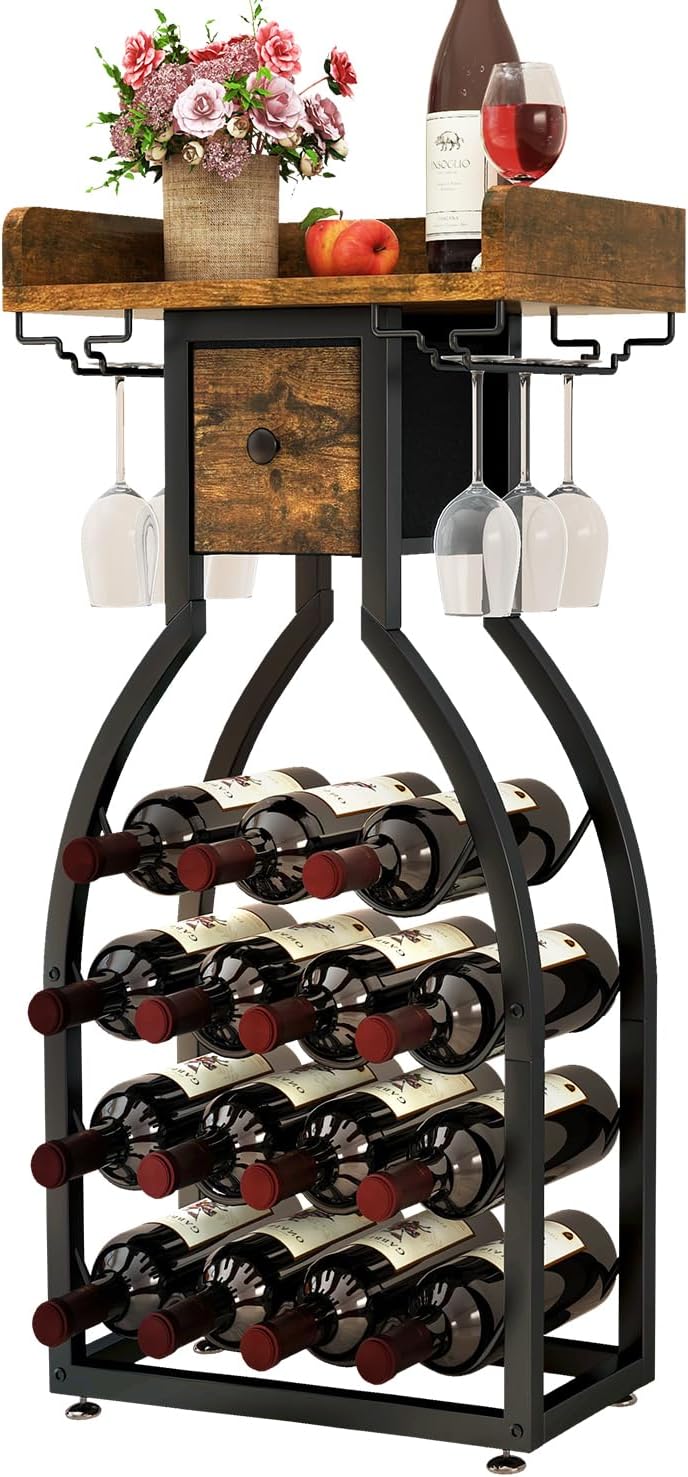 IBUYKE Wine Rack Freestanding Floor,15 Bottles,Glass Holder,Brown TMJ908H | M...
