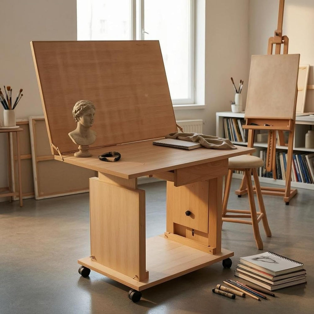 Adjustable Tilting Drafting Table Liftable Cabinet Base Beech Wood Structure ...