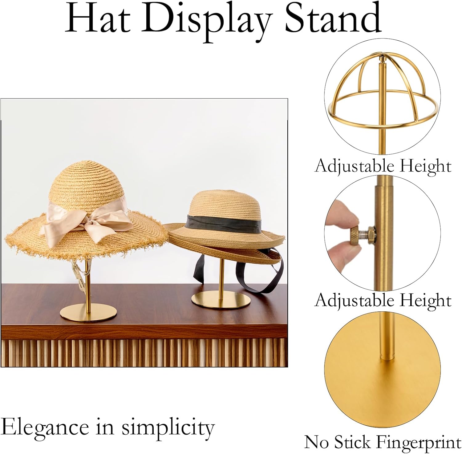 Hat Rack 2PCS Stainless Steel Hat Display Stand Adjustable Height Cap Rack Showcase for Home Boutique Retail Store