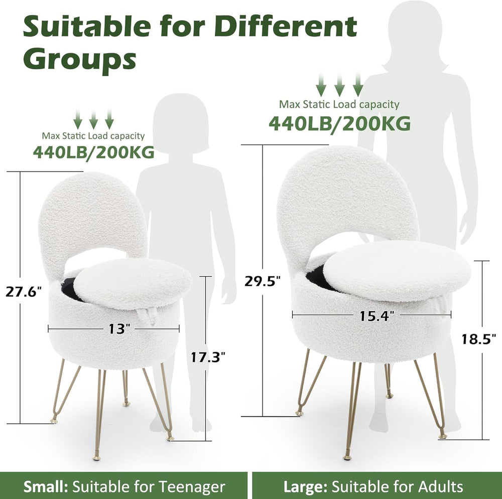 Korser Vanity Stool Chair with Storage and Folding Back, 13"x13"x27...