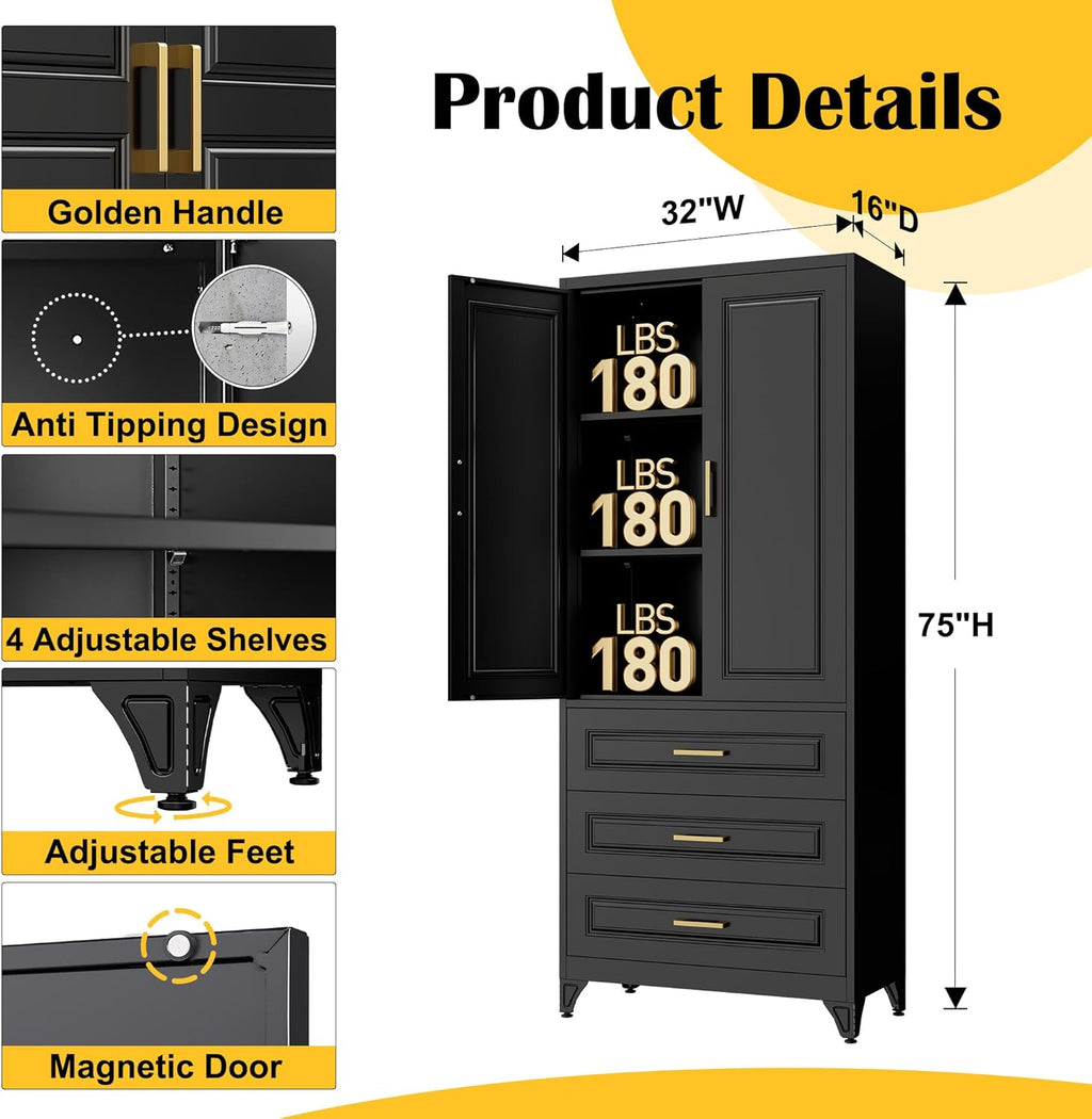 SteeLoong 75" Kitchen Pantry Cabinet with 3 Drawers,Metal Storage Cabinets with Doors and 2 Adjustable Shelves,Black Kitchen Cabinet with 2 Gold Handles,Food Cupboard for Livingroom, Bathroom,Pantry