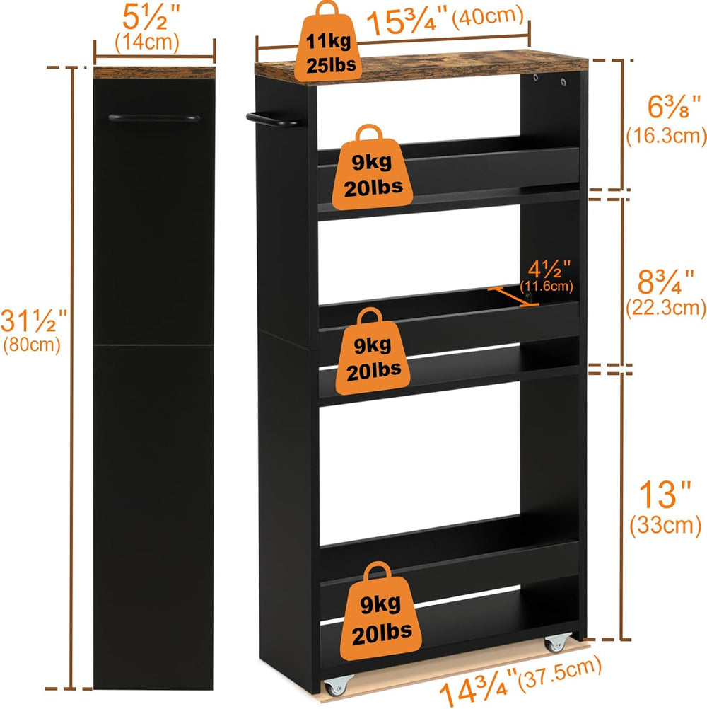 TEAMIX Slim Rolling Storage Cart, Wood 4-Tier Narrow Kitchen/Laundry Cart