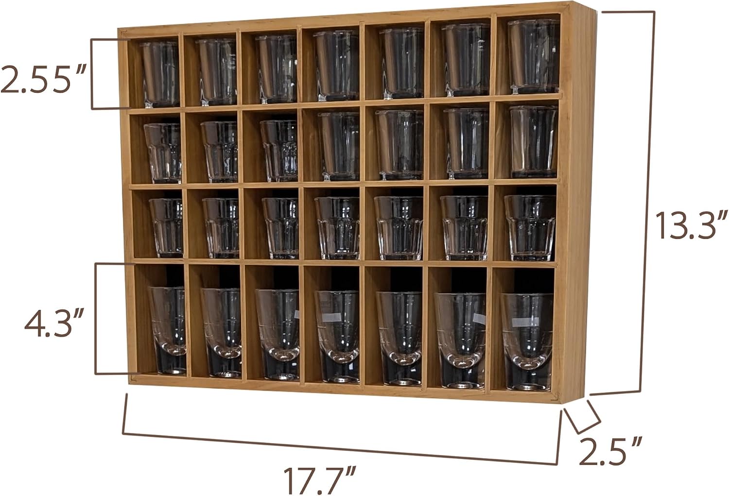 Shot Glass Display Case, Stylish Natural Varnished Glass Display Case for Display, 28 Slots Freestanding & Wall Mountable Shot Glass Holder, Perfect for Collectors - (with 1 Row for Tall Shooters)