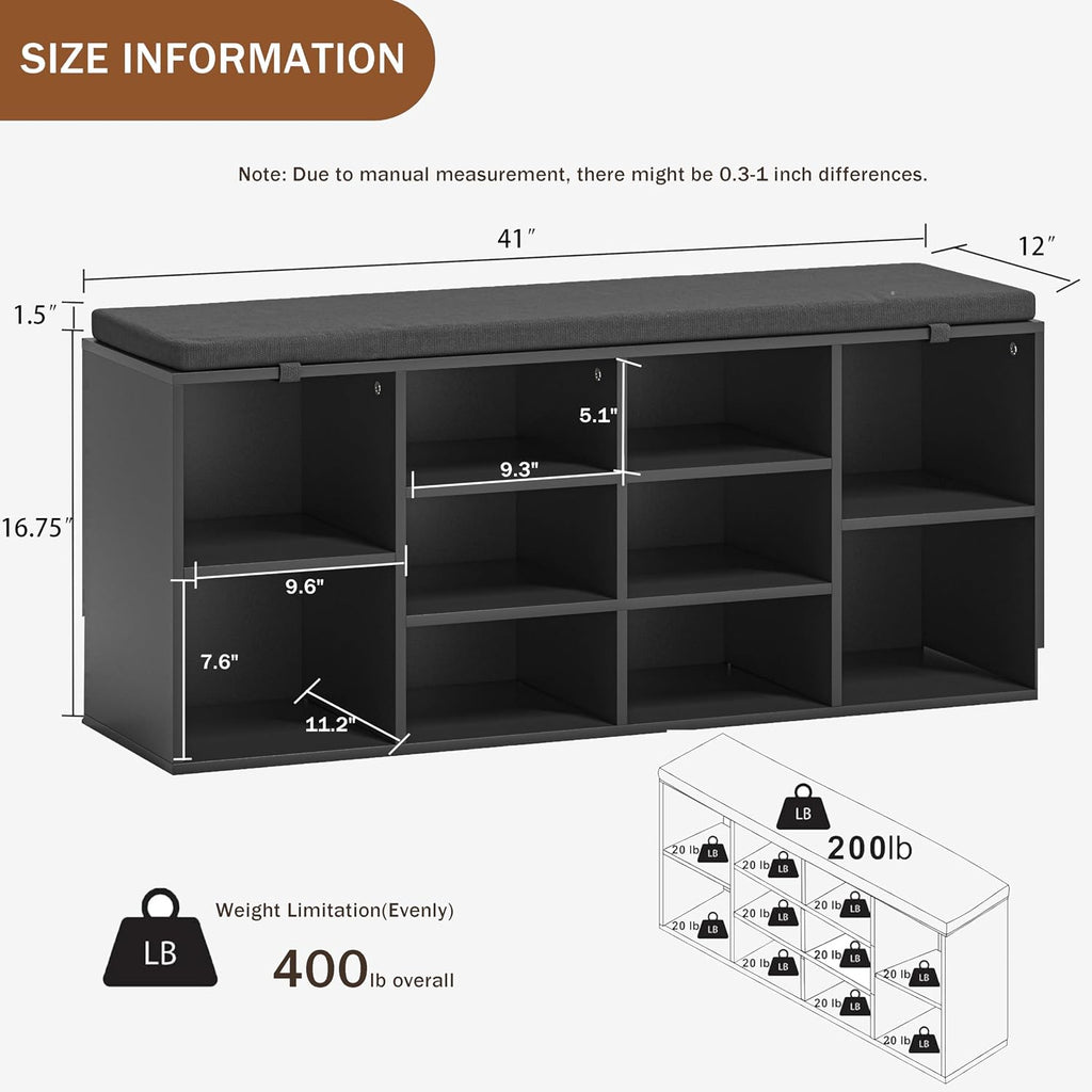 NUNU LAB Shoe Storage Bench, Shoe Bench with Removable Cushion 10 Cubbies, Space Saving Shoe Rack, 41 x 12 x 16.75 Inches, Black