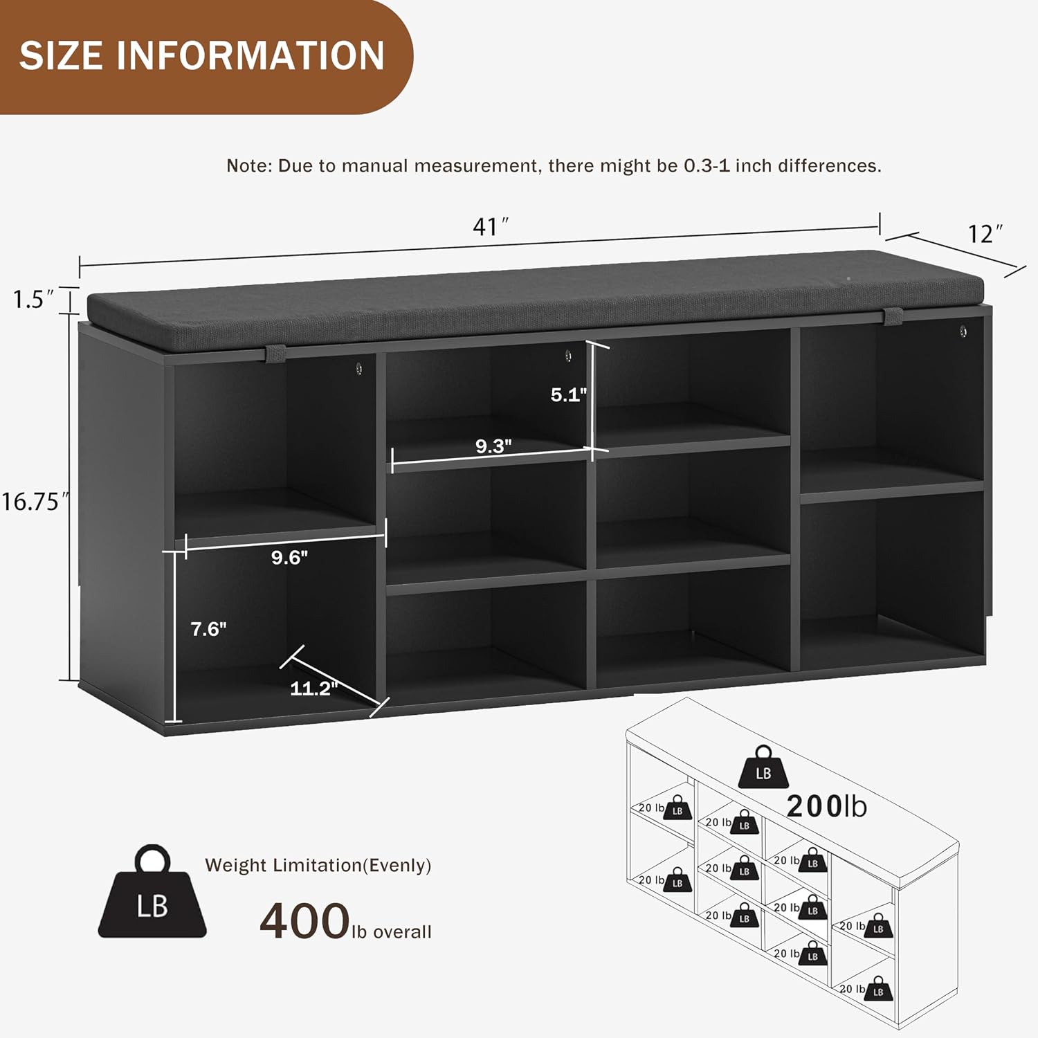 NUNU LAB Shoe Storage Bench, Shoe Bench with Removable Cushion 10 Cubbies, Space Saving Shoe Rack, 41 x 12 x 16.75 Inches, Black