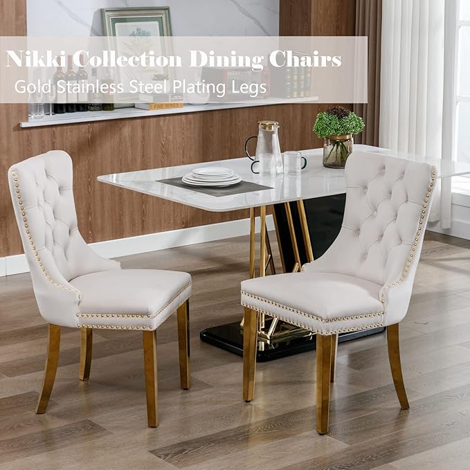 Beige Velvet Dining Room Chairs Set of 2, Upholstered Dining Chairs with Back Ring Pull Trim and Golden Stainless Steel Legs,Modern Kitchen Chairs for Dining Room,Living Room,Kitchen(Beige)