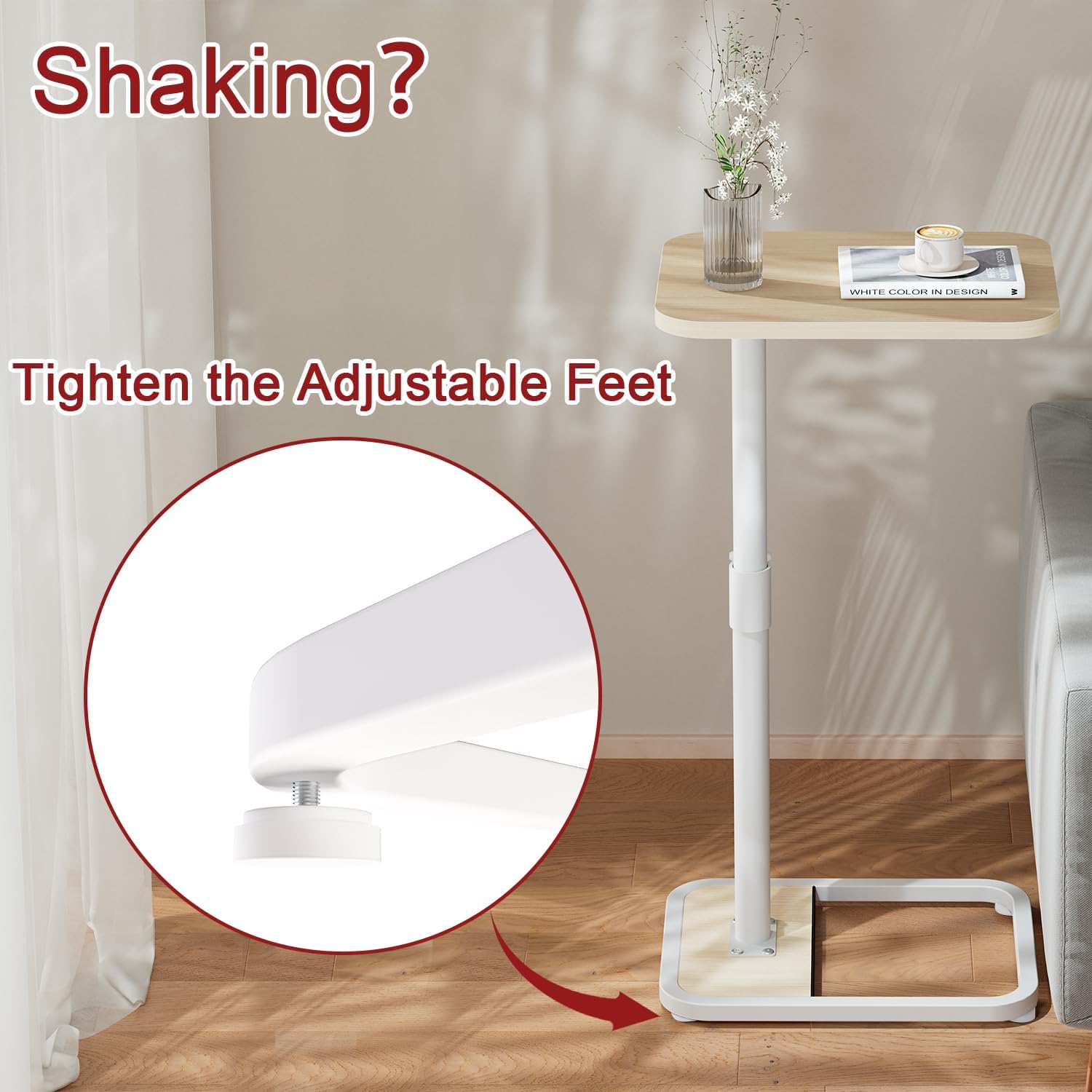 GOYLSER C Shaped End Table for Couch, Height Adjustable Rotatable Couch Tray Tables Sofa Table Tv Trays for Bedroom, Natural Wooden Swivel Side Table for Small Spaces