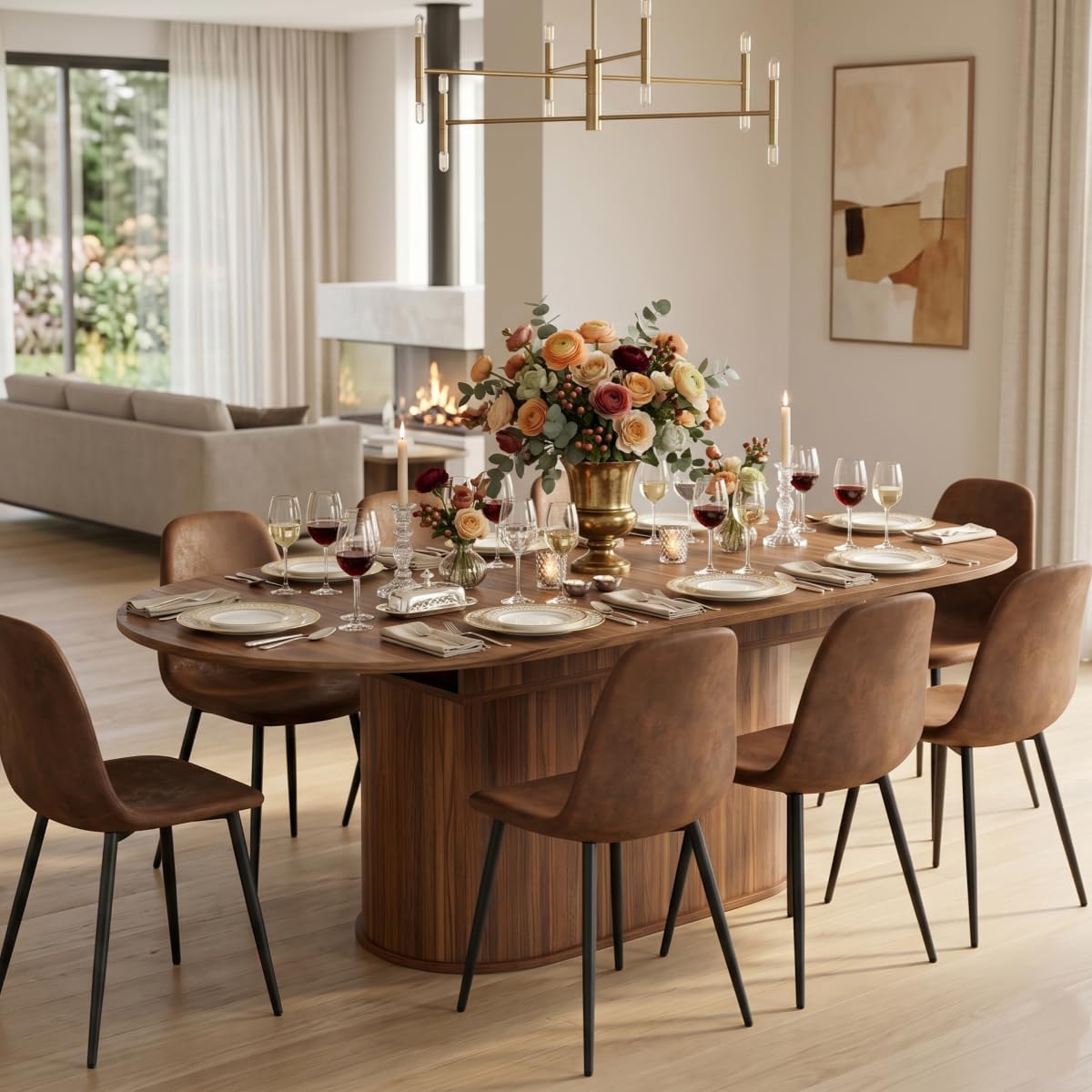 55"-71" Extendable Dining Table Set for 6, Oval Dining Room Table Set for 6, Modern Wood Kitchen Table Upholstered Chairs Set of 6, Ideal for Dining Room,Office, Space-Saving