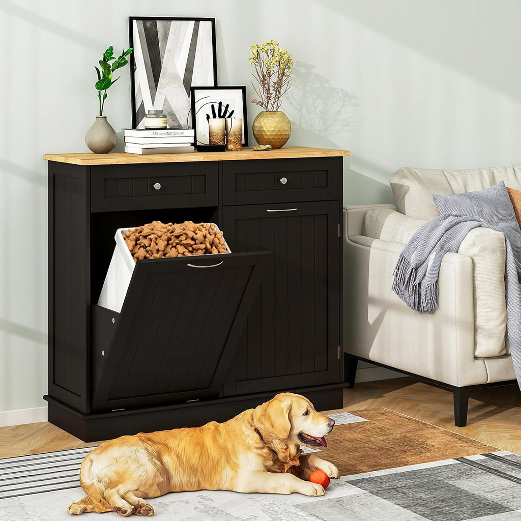 Tilt Out Trash Can Cabinet, Kitchen Island with Storage (Brown) | Large Cabinet & 2 Drawers, Adjustable Shelf, Hidden Garbage Can for Laundry, Kitchen, Bathroom