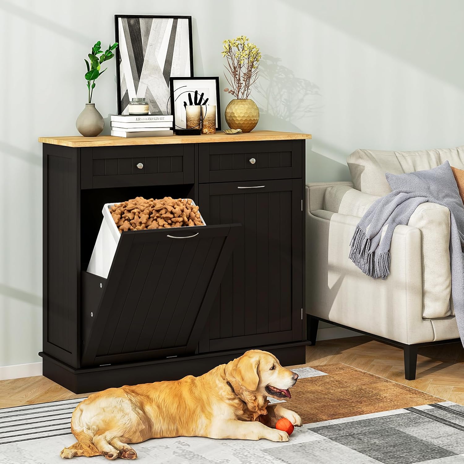 Tilt Out Trash Can Cabinet, Kitchen Island with Storage (Brown) | Large Cabinet & 2 Drawers, Adjustable Shelf, Hidden Garbage Can for Laundry, Kitchen, Bathroom
