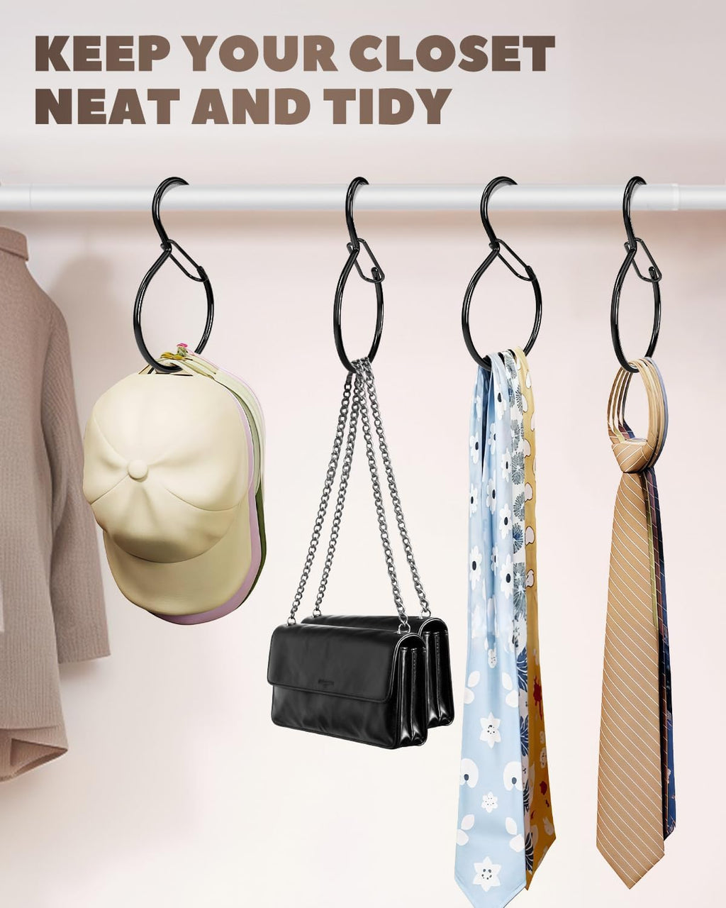 6 Pack Belt Hanger, Tie Hanger & Belt Organizer, Waterproof Belt Hanger for Closet, Ties, Scarves, Bags & Accessories, Keeps Closet Neat & Organized, Black