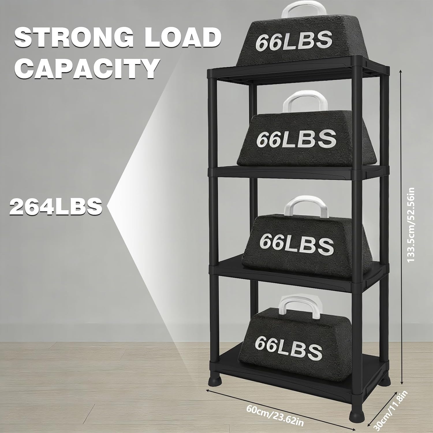 Plastic Storage Shelves, 12" D x 24" W x 52.56" H Plastic Shelves for Storage, 4-Tier Shelving Unit, Storage Rack, 264 lbs, Bathroom, Laundry, Garage & Home