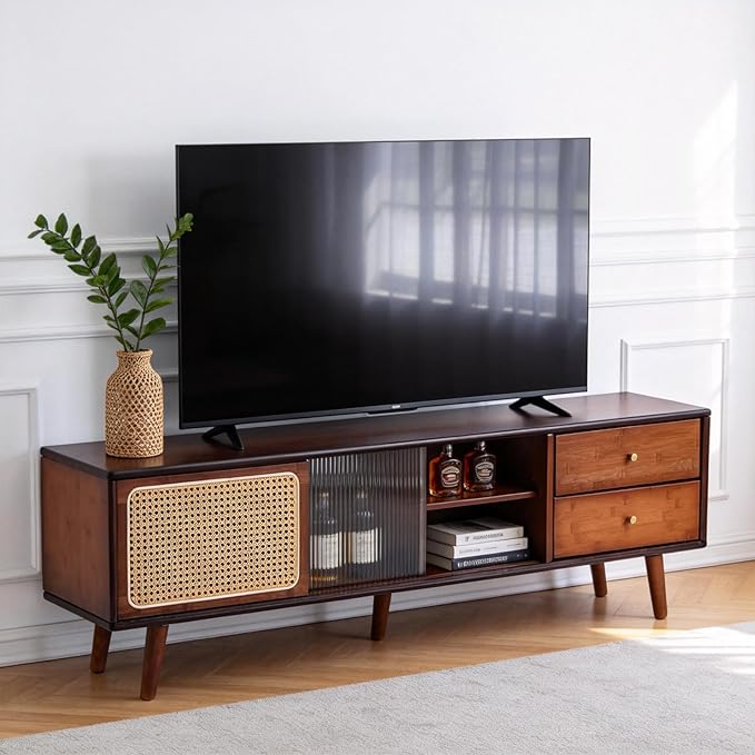 Tiita TV Stand with Storage for TVs up to 65'', Bamboo Rattan TV Console Entertainment Center with 2 Open Shelf, Mid Century Modern Media Console for Living Room, Bedroom, Walnut
