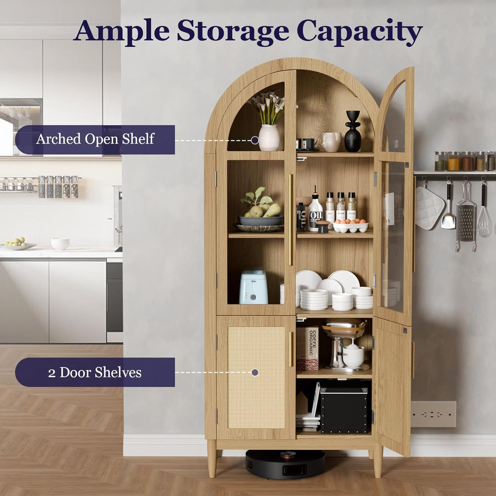 71" Tall Arched Cabinet with Glass Doors, Kitchen Pantry Storage Cabinet...