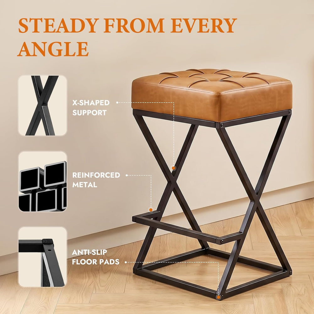 Bar Stools Set of 3, 26 Inch Counter Height Stool Faux Leather Brown