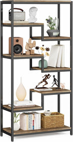 Solid Wood Industrial Tall Bookshelf - 7 Tier Staggered Bookshelves, 55’’H Rustic Brown Vintage Bookcase, Free Standing Open Bookshelf, Shelving Units Organizer for Bedroom Office Living Room.