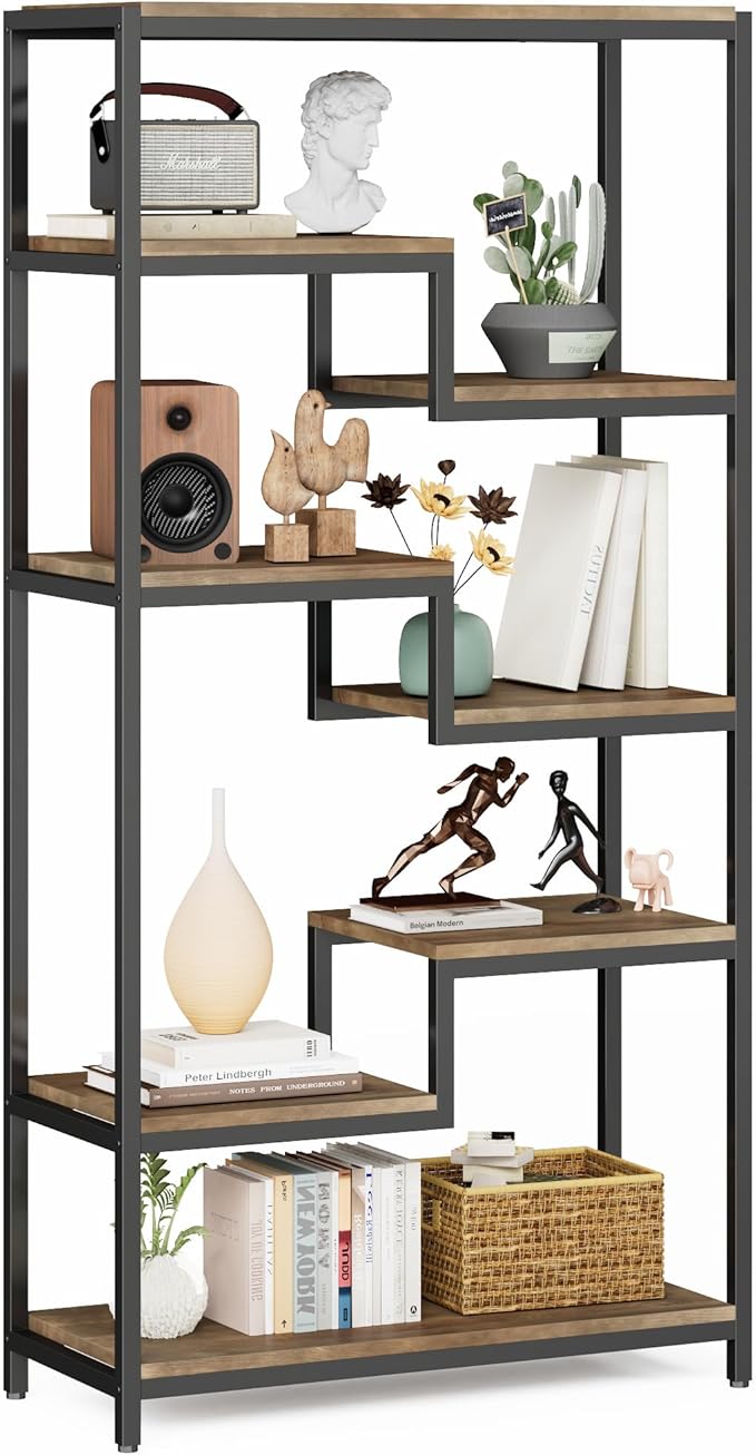Solid Wood Industrial Tall Bookshelf - 7 Tier Staggered Bookshelves, 55’’H Rustic Brown Vintage Bookcase, Free Standing Open Bookshelf, Shelving Units Organizer for Bedroom Office Living Room.