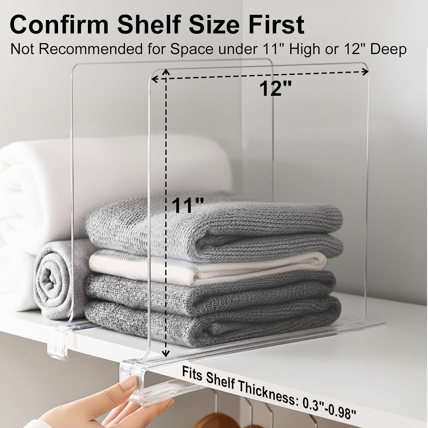 Shelf Dividers Purse Organizer for Closet: 11-inch Tall(Higher Version) Acrylic Sweater Organizer - Upgraded Extra Height for Large Handbags, Totes, Clothes, Towels on Wood Shelves 6-Pack