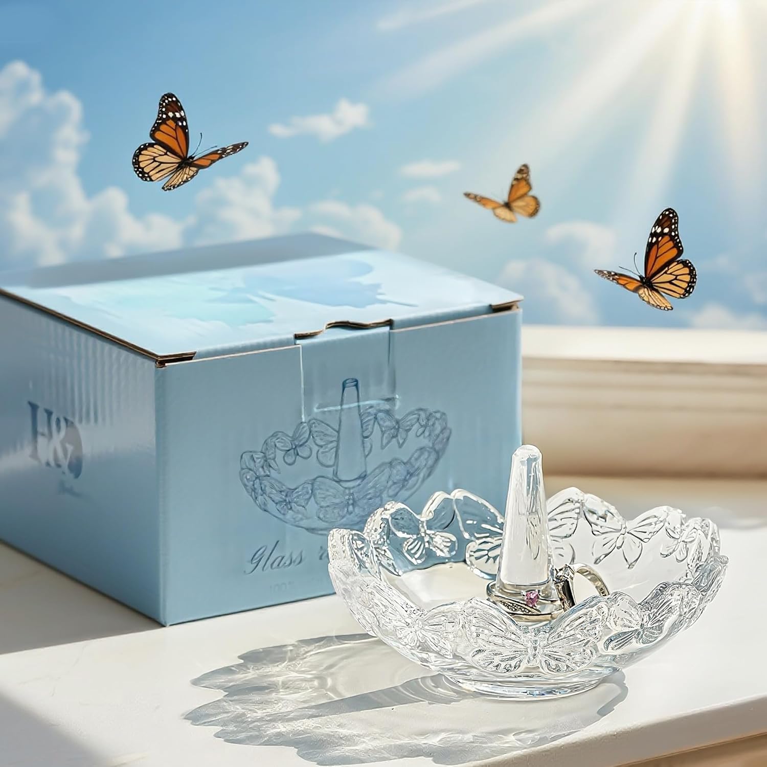 4" Crystal Ring Holder Dish, Glass Jewelry Tray, Decorative Trinket Tray | Vanity Jewelry Organizer for Rings Earrings Keys, Packaged Gift Box for Birthday Wedding Mother's Day Women Gifts