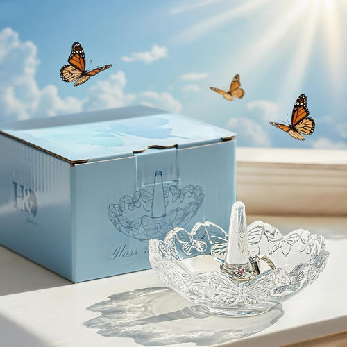 4" Crystal Ring Holder Dish, Glass Jewelry Tray, Decorative Trinket Tray | Vanity Jewelry Organizer for Rings Earrings Keys, Packaged Gift Box for Birthday Wedding Mother's Day Women Gifts
