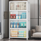 220Qt Stackable Storage Bins with Lids, 4 Pack Collapsible Storage Bins with Wheels, Plastic Cabinet with Doors, Foldable Closet Organizers for Home, Dorm, Office, White