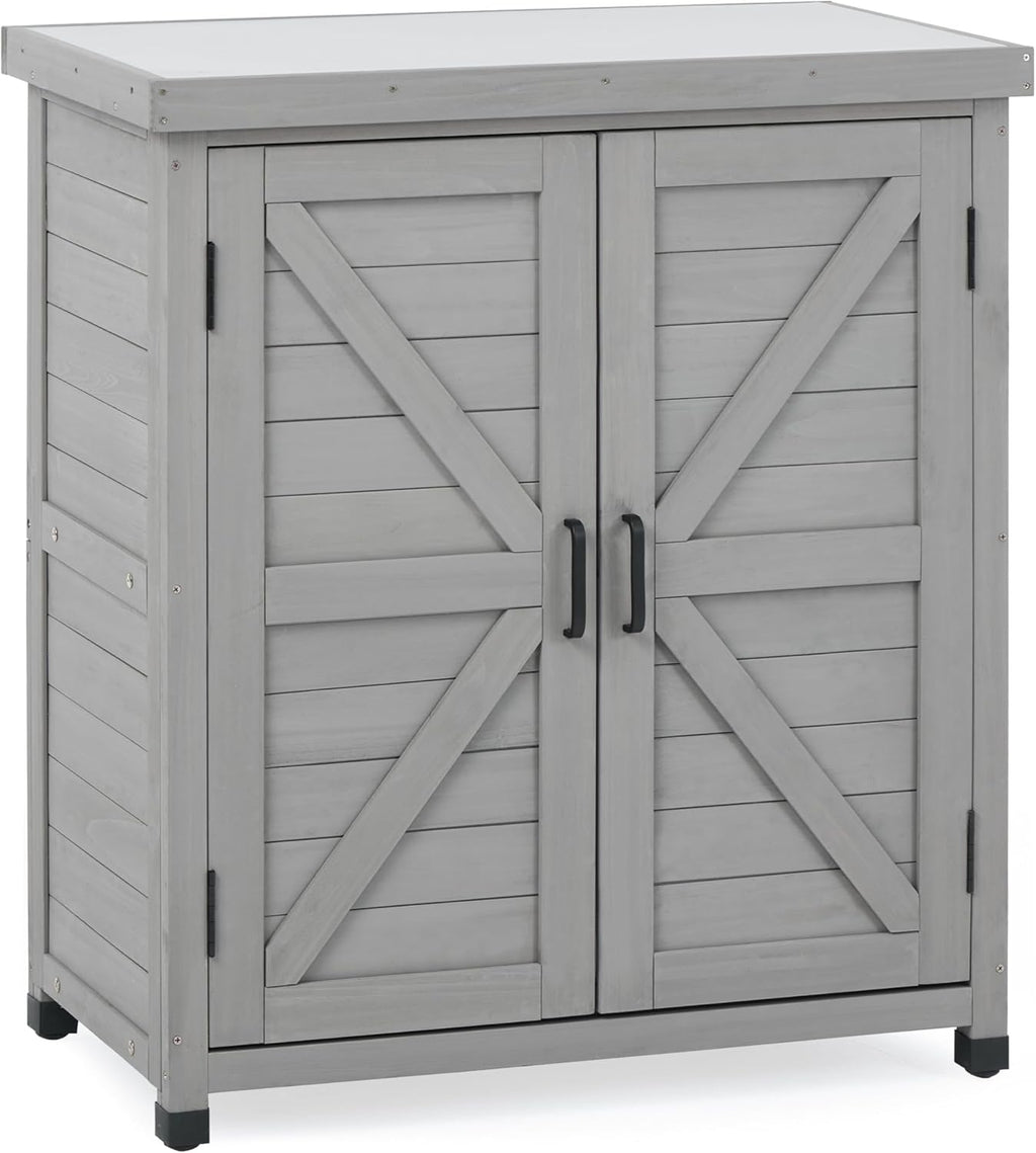 Outdoor Potting Bench with Storage Cabinet and Metal Top, Wood Workstation for Outdoor Patio, Garden (Classic Grey, 31x17x36‘’)