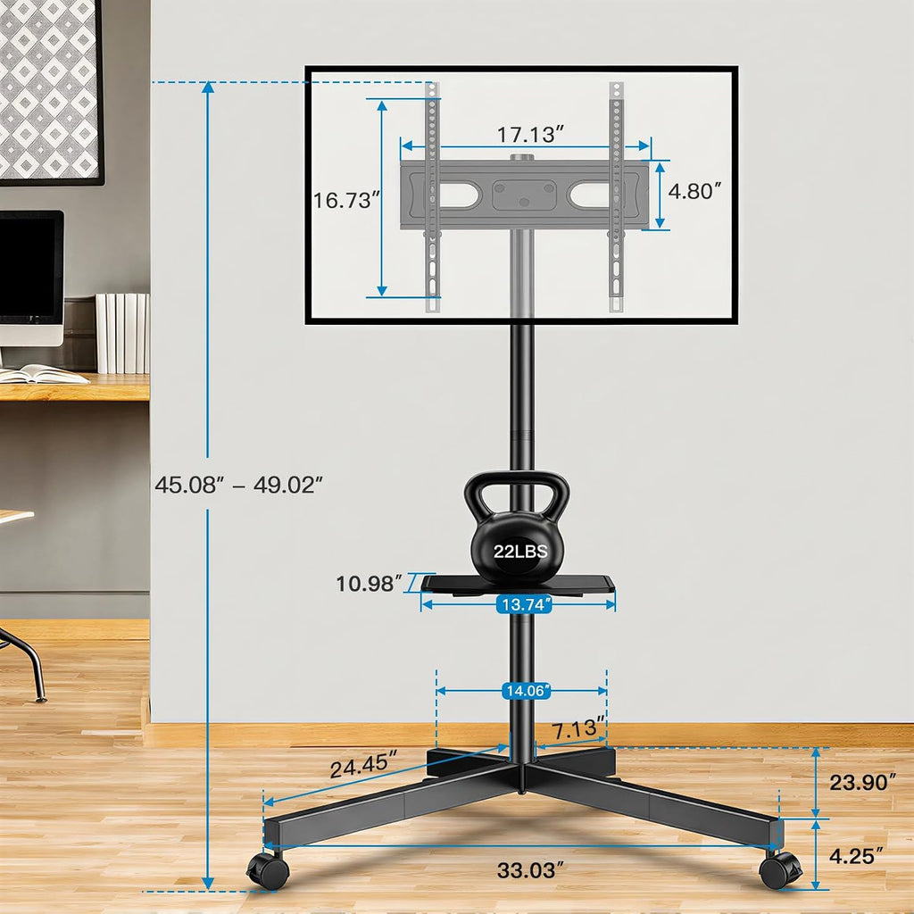 PERLESMITH Rolling TV Stand for 26-65 Inch TVs up to 88 lbs, Mobile Outdoor TV Stand with Shelf & Large Base, Tilt TV Stand with Wheels, Portable TV Cart for Bedroom, Max VESA 400x400mm, PSTVMC06B-B