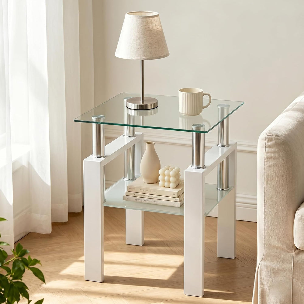 Meihua Tempered Glass End Table, White Modern Square Side Table with Metal Fr...