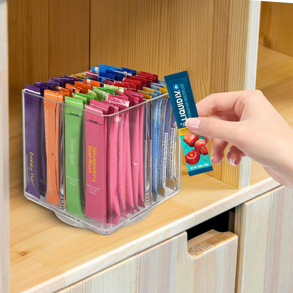 Drink Packet Organizer For Powdered Drink Mix,Powder Packet,Water Packet,Water Flavor Packet,Lazy Susan Organizer Rotating Holder for Drink Mix Necessities（Square）