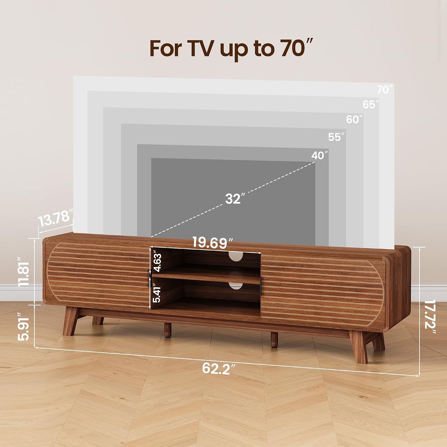 Turtle&Myrtle Mid Century Modern TV Stand with Sliding Doors, TV Consoles, Media Consoles for TV up to 70 Inch, Entertainment Center with Storagefor Living Room, 63 Inch (Walnut)