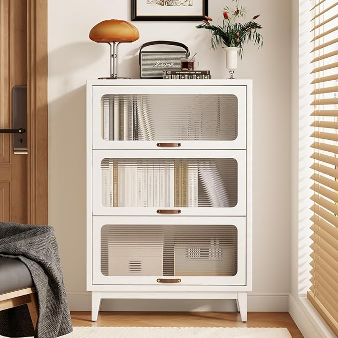 Solid Wood Storage Cabinet with Glass Doors, 3 Shelf Small Storage Cabinet, Mid Century Modern Bookcase, Kitchen Pantry Cabinet (White, 31.5" W)