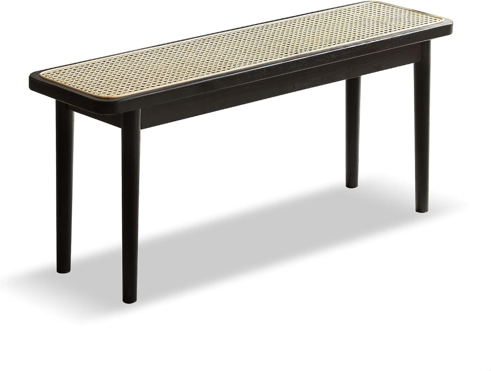 47.24" Modern Oak Wood Dining Bench with Woven Rattan Seat Solid Wood En...