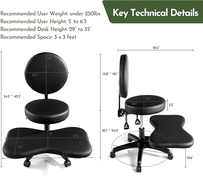 BUBHA Ergonomic Criss Cross Chair, Meditation Chair with Reclining Backrest & Adjustable Height, Cross Legged Office Chair with Wheels, Wide Kneeling Chair Leg Rest,ADHD Desk & Yoga Seat (Black)