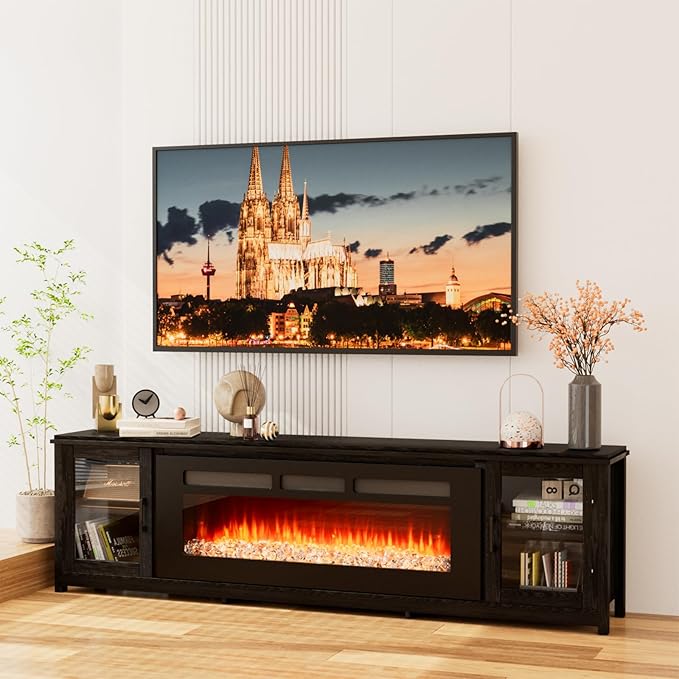80'' Modern Electric Fireplace TV Stand, Entertainment Center with 50" Electric Fireplace, Wood Media Console Cabinet for TVs up to 90", for Living Room Bedroom, Black