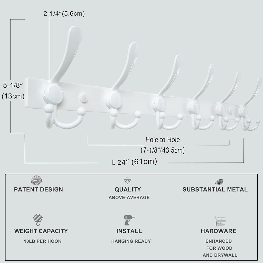 Dseap Coat Rack Wall Mount 2.0 Pro: 24” Long, 3X Tougher, Heavy Duty Stainless Steel Wall Coat Hanger with 6 Tri Hooks for Clothes Jackets Hats Entryway Closet, White
