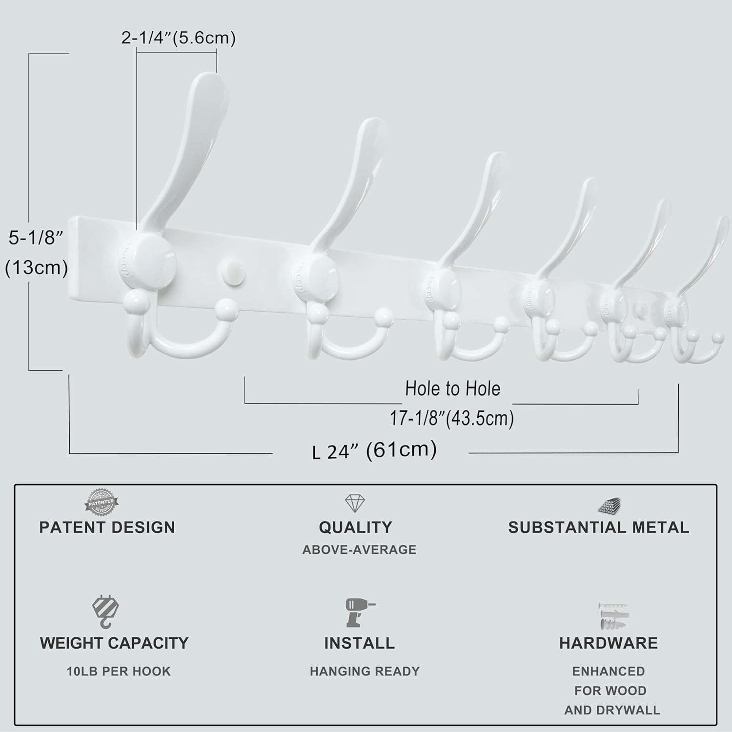 Dseap Coat Rack Wall Mount 2.0 Pro: 24” Long, 3X Tougher, Heavy Duty Stainless Steel Wall Coat Hanger with 6 Tri Hooks for Clothes Jackets Hats Entryway Closet, White