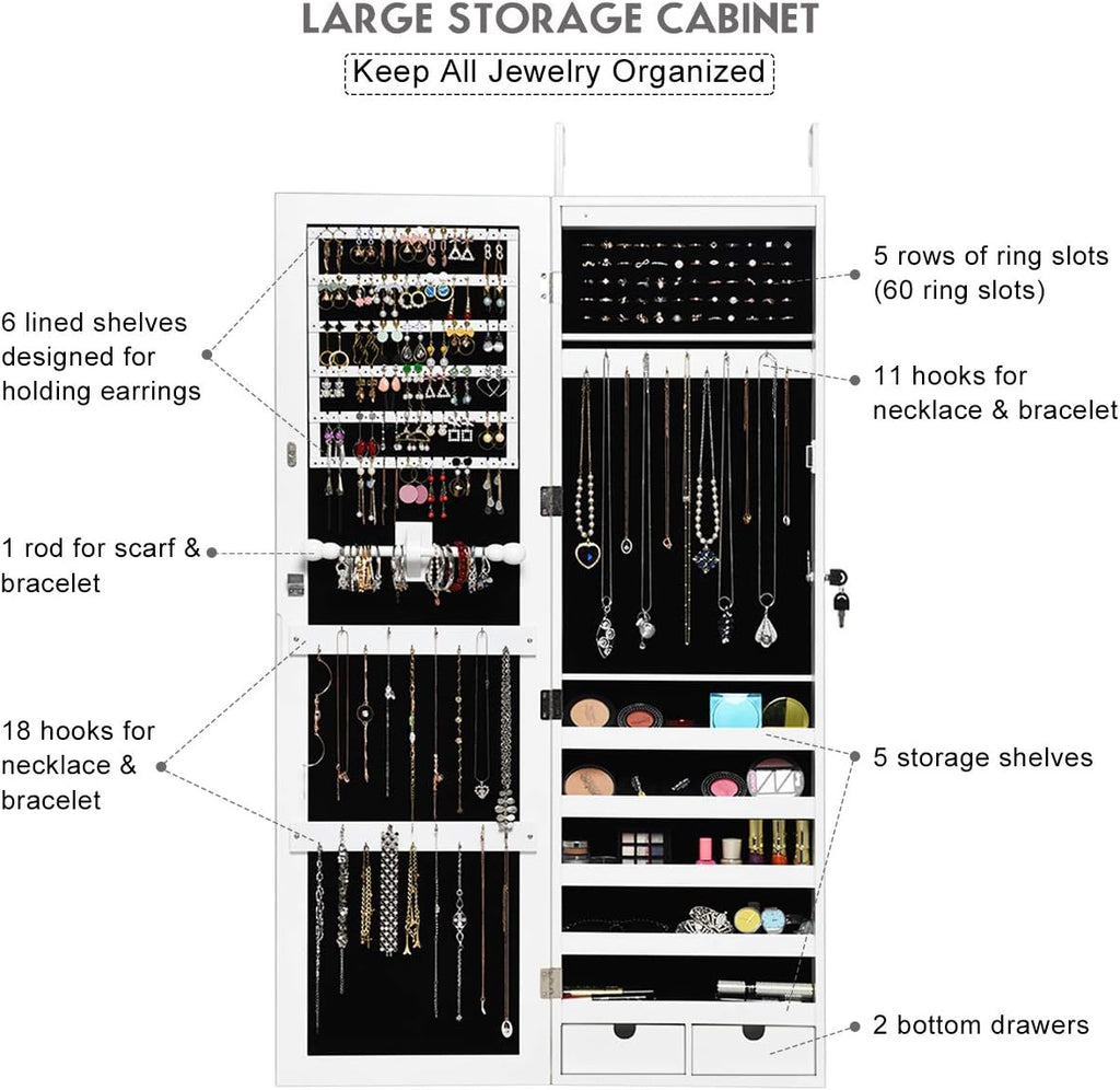 Giantex Jewelry Armoire Cabinet Wall Mounted Door Hanging, Lockable Jewelry Cabinet with Full Length Mirror, 15 LED Lights, Large Storage Jewelry Box Organizers with 2 Drawers (14.5"W x 4"D x 47.5"H)