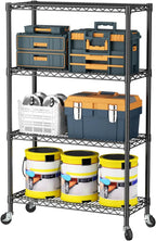 SINGAYE 4 Tier Adjustable Storage Shelf with Wheels Heavy Duty Shelving Unit Rack Shelves Wire for Garage Office Pantry Kitchen 14" Dx36 Wx58 H 1400LBS Black