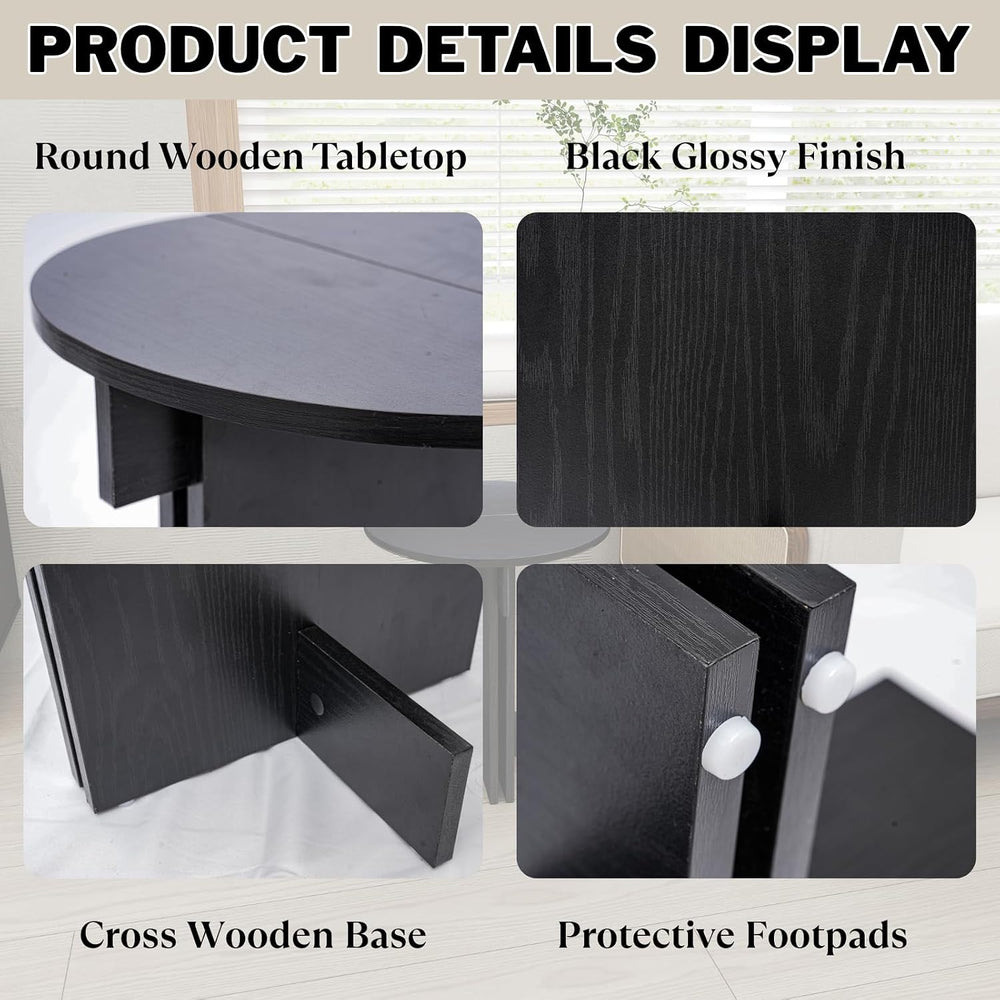 Ya-Home Black Round Side Table, Modern Accent Coffee Table End Table with Woo...