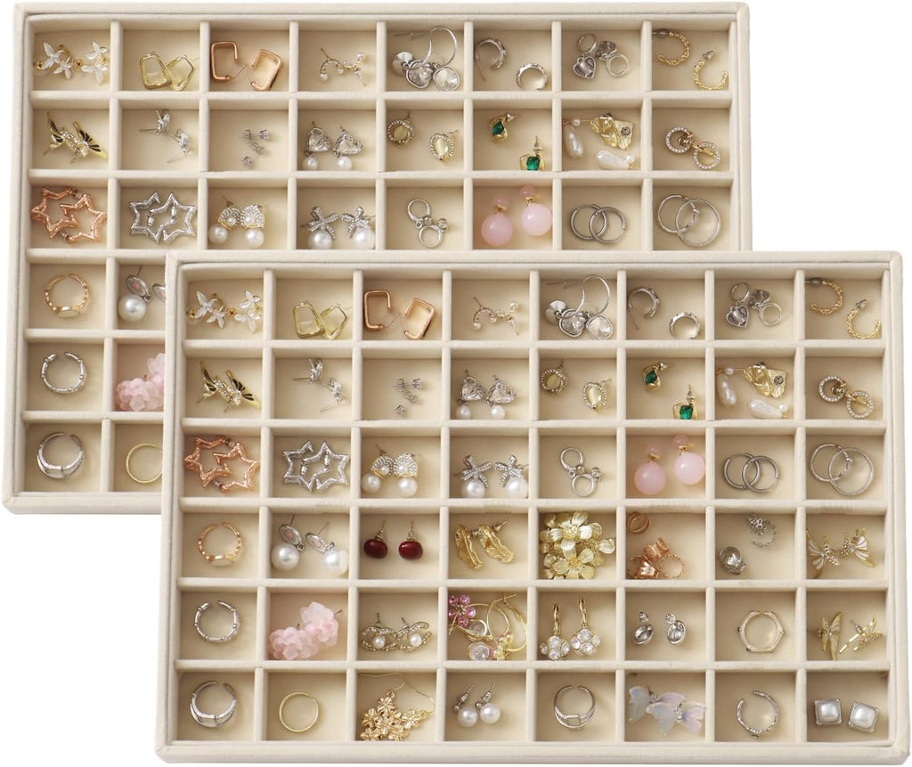 Large Velvet Jewelry Tray 2 Pack Stackable Jewelry Display Drawer Inserts Trays Organizer for Earring Bracelet Necklace Ring (Beige, 48 Grids)